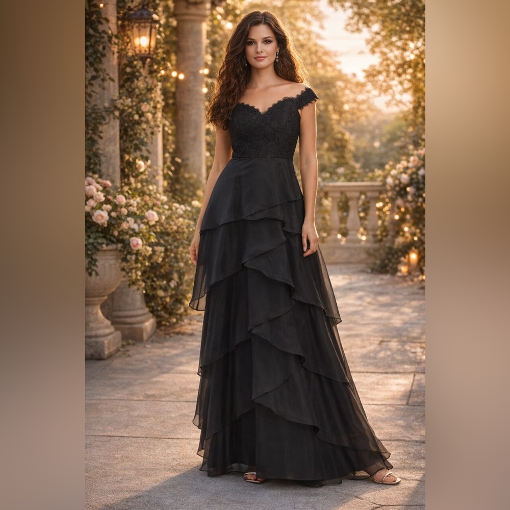 Aidan Mattox Off Shoulder Black Tiered Ruffle Gown Size 4 NWT
